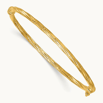Polished and Textured Twisted Hinged Bangle — 14K Yellow Gold