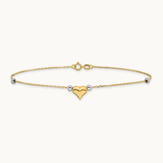 Polished Puffed Heart with Beads 10in Anklet, 14K Two-tone
