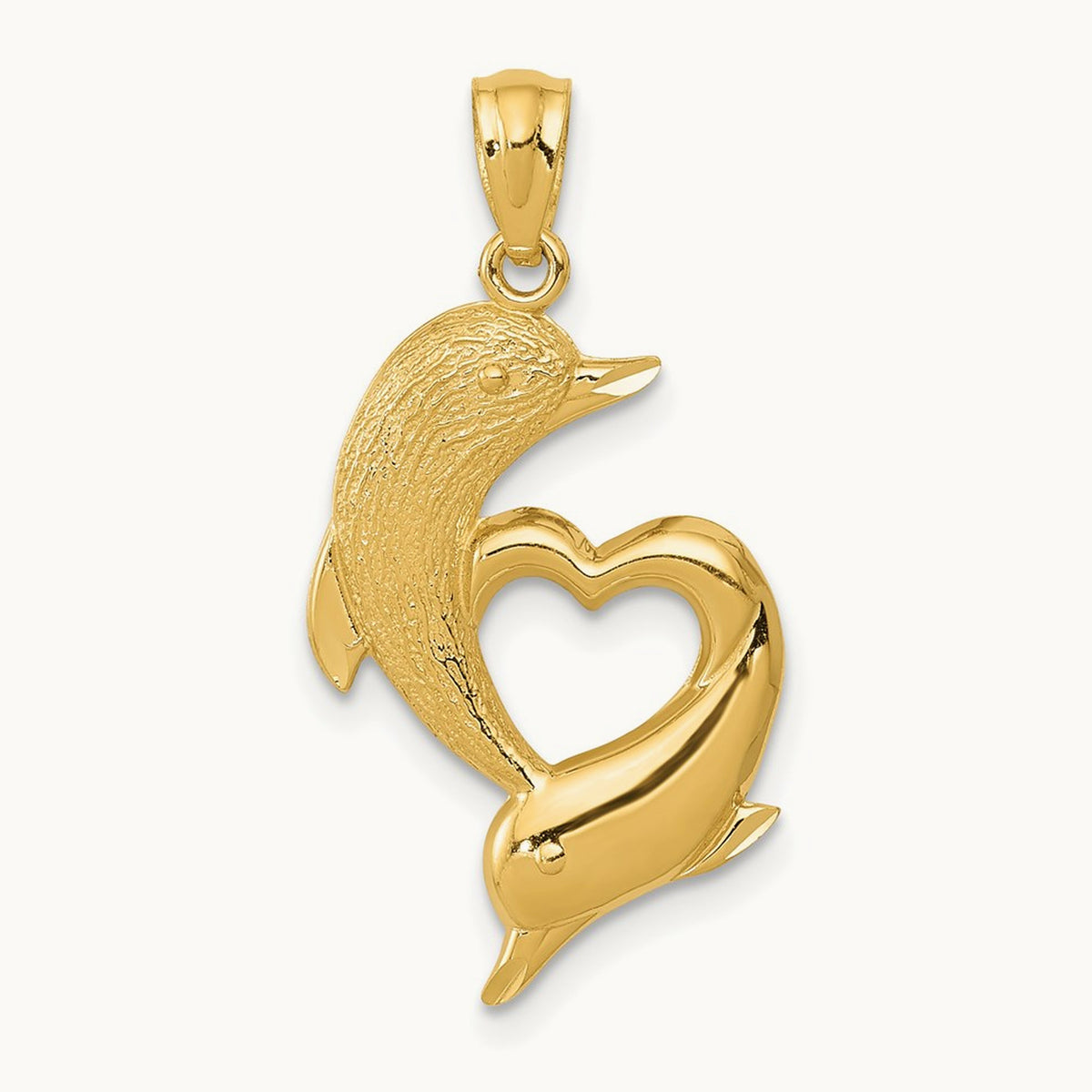 D/C Satin and Polished Dolphins Heart Pendant, 14K