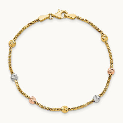 Tri-color Diamond-cut 7-Station Bead and Chain Bracelet, 14K