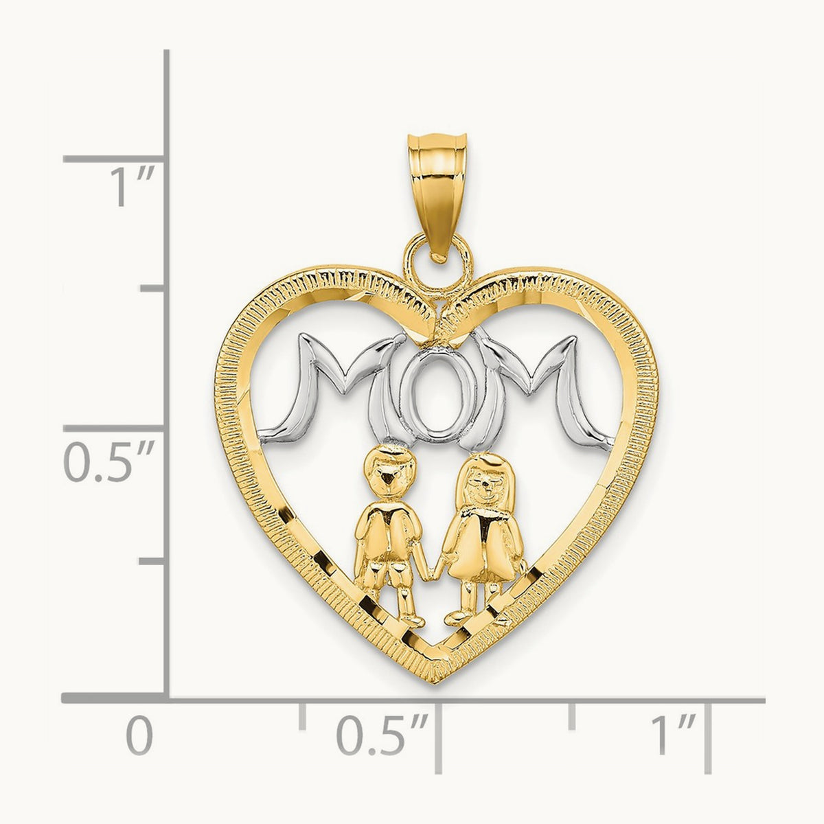 w/ Rhodium MOM Heart with 2 Kids Charm, 14K