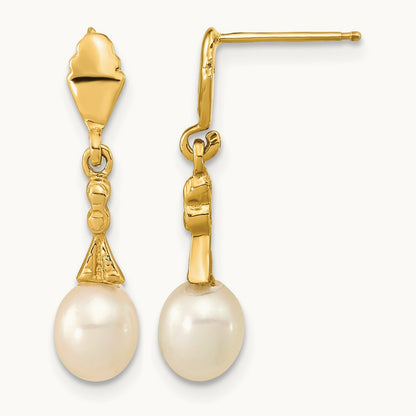 5- White Teardrop Freshwater Cultured Pearl Post Dangle Earrings, 6mm, 14K