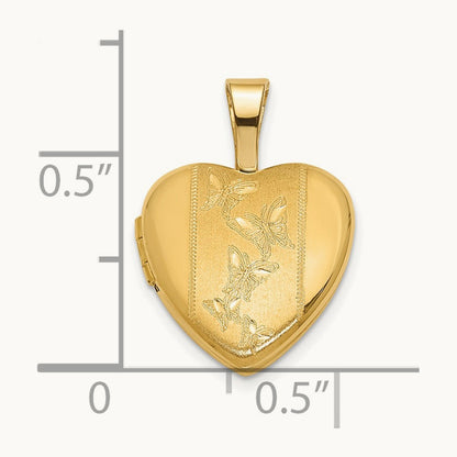 Polished and Satin Butterfly Heart Locket, 12mm, 14K