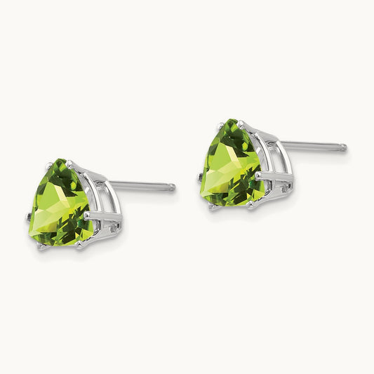 Peridot Trillion Stud Earrings, 14K White Gold