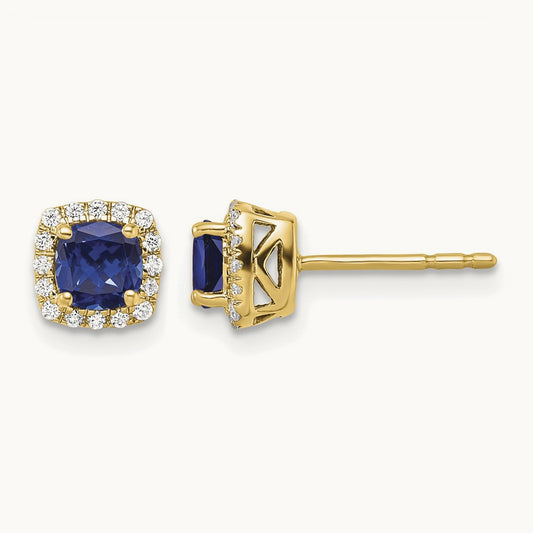 Created Sapphire Square Halo Post Earrings, 0.10 ct tw Lab-Grown Diamond — 14K Yellow Gold