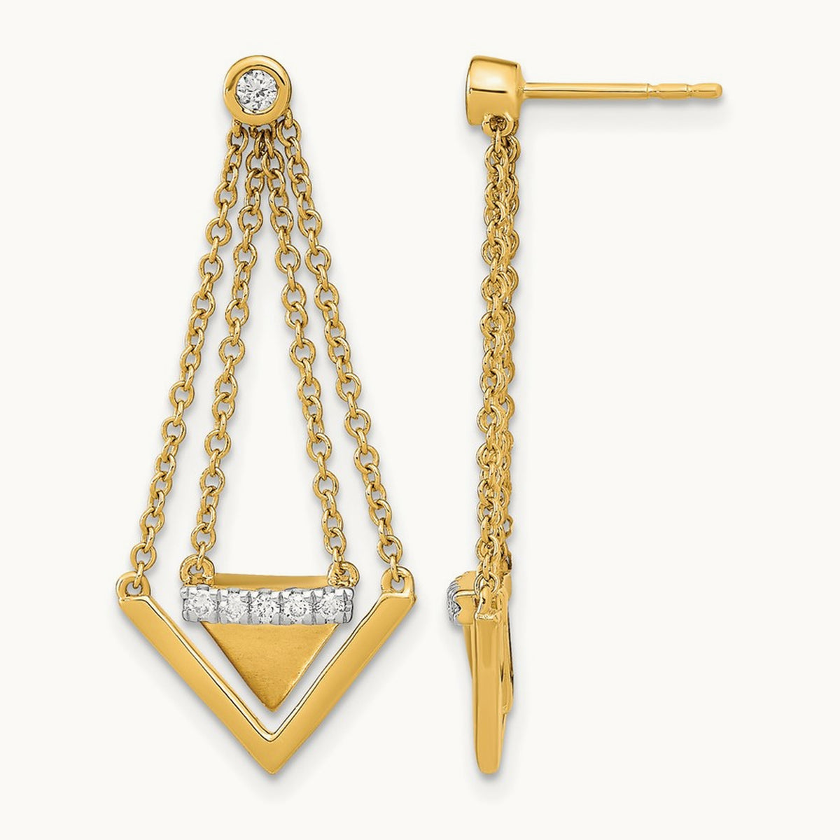 Satin/Polished Diamond Triangle Chain Dangle Post Earrings, 14K