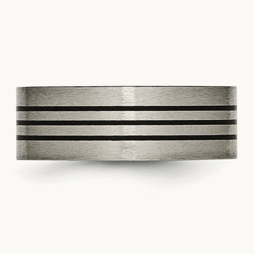 Satin and Polished Black Enamel Striped Flat Band, 8mm, Titanium