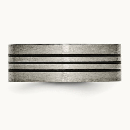 Satin and Polished Black Enamel Striped Flat Band, 8mm, Titanium
