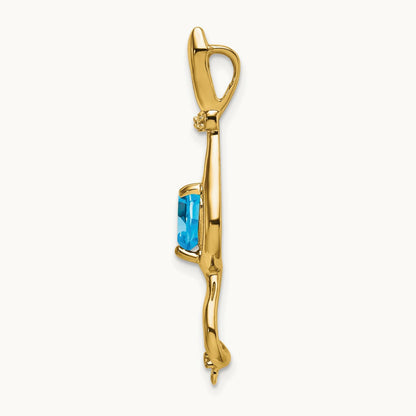 Blue Topaz and Diamond Cat Pendant — 14K Yellow Gold