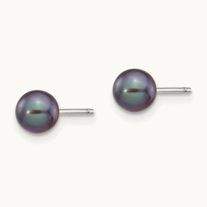 5- Black Round FW Cultured Pearl Stud Post Earrings, 6mm, 14K White Gold