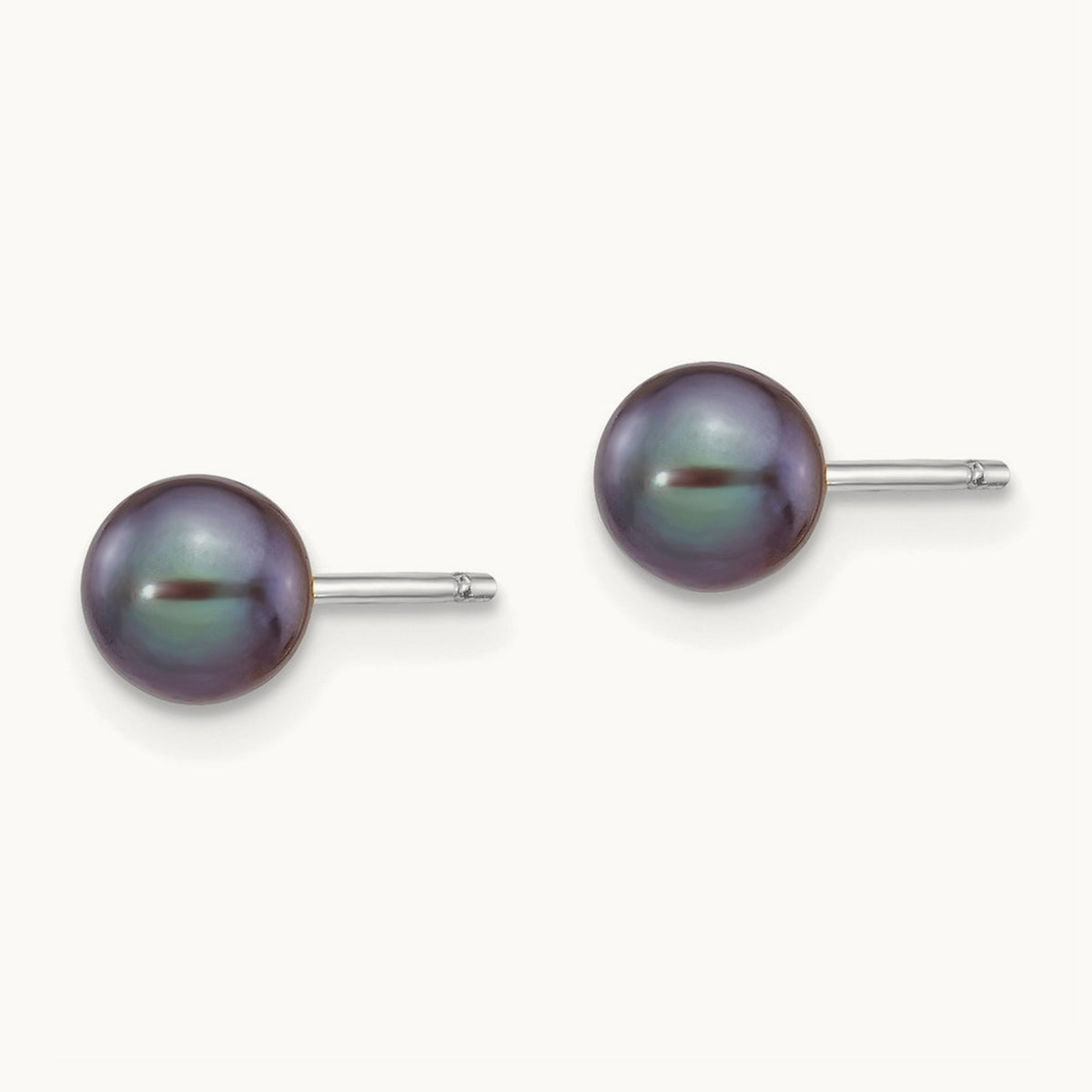 5- Black Round FW Cultured Pearl Stud Post Earrings, 6mm, 14K White Gold