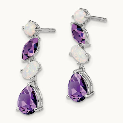 Amethyst and Opal Dangle Earrings, 14K White Gold