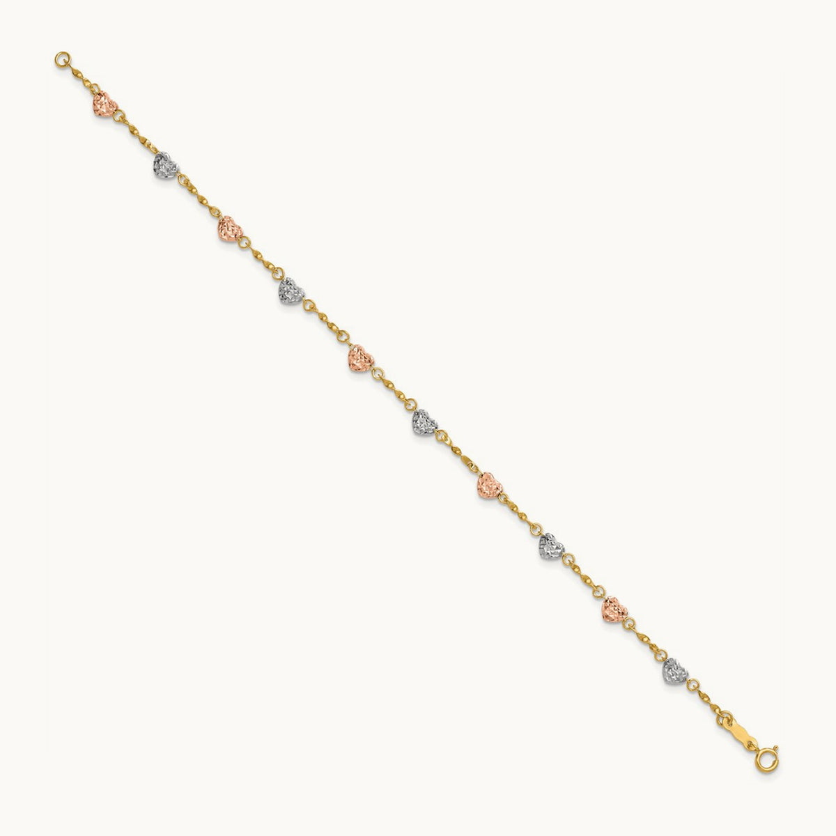 Tri-color Diamond-cut Puff Heart Bracelet, 14K