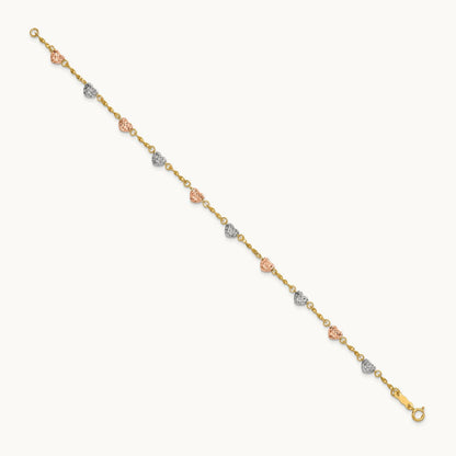 Tri-color Diamond-cut Puff Heart Bracelet, 14K