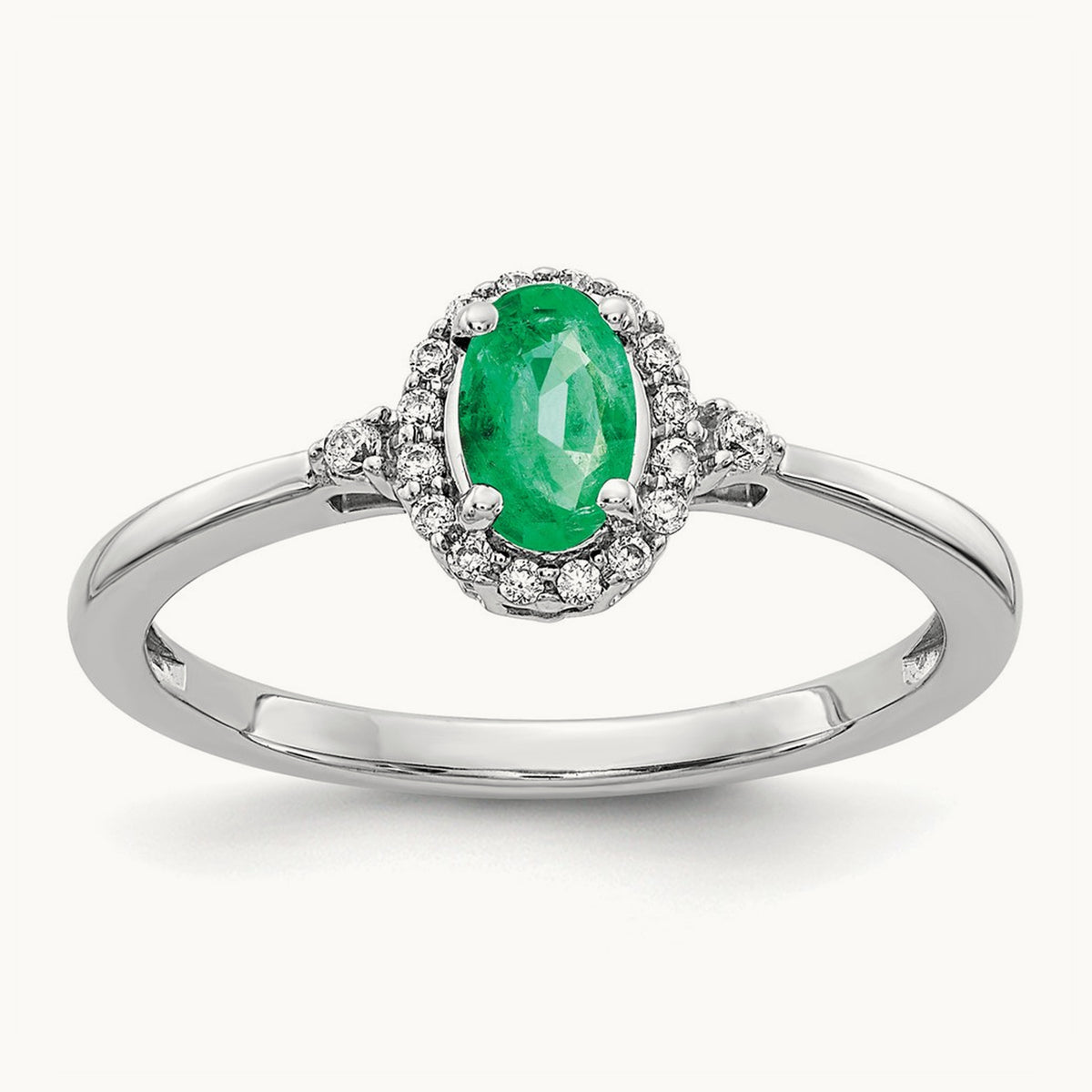 Oval Emerald and Diamond Halo Ring, 14K White Gold