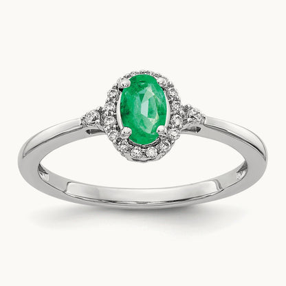 Oval Emerald and Diamond Halo Ring, 14K White Gold