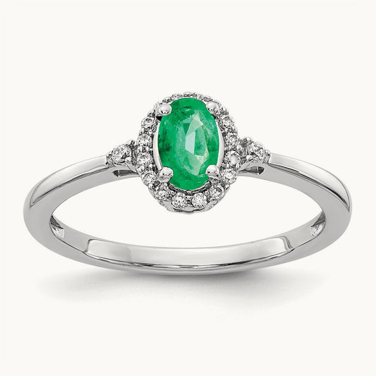 Oval Emerald and Diamond Halo Ring, 14K White Gold