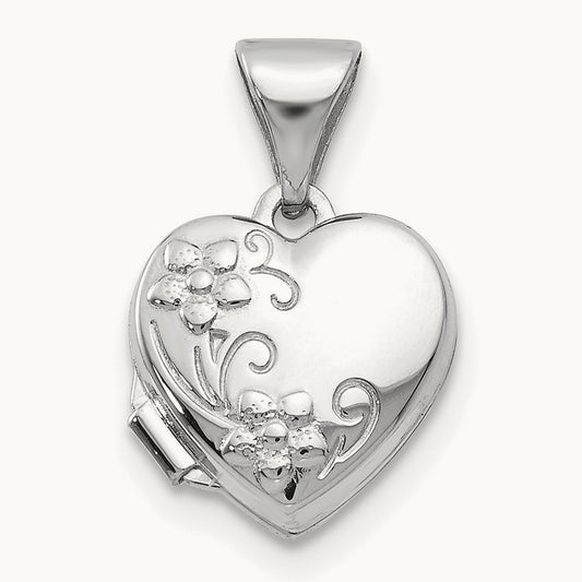 Polished Heart-Shaped Floral Locket, 14K White Gold