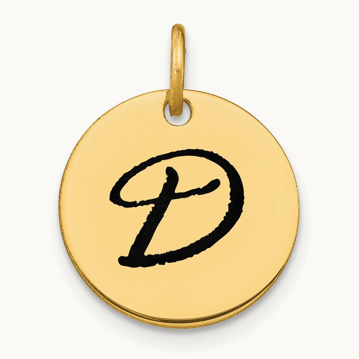 Polished Black Enamel Initial Disk Charm — 14K Yellow Gold, D