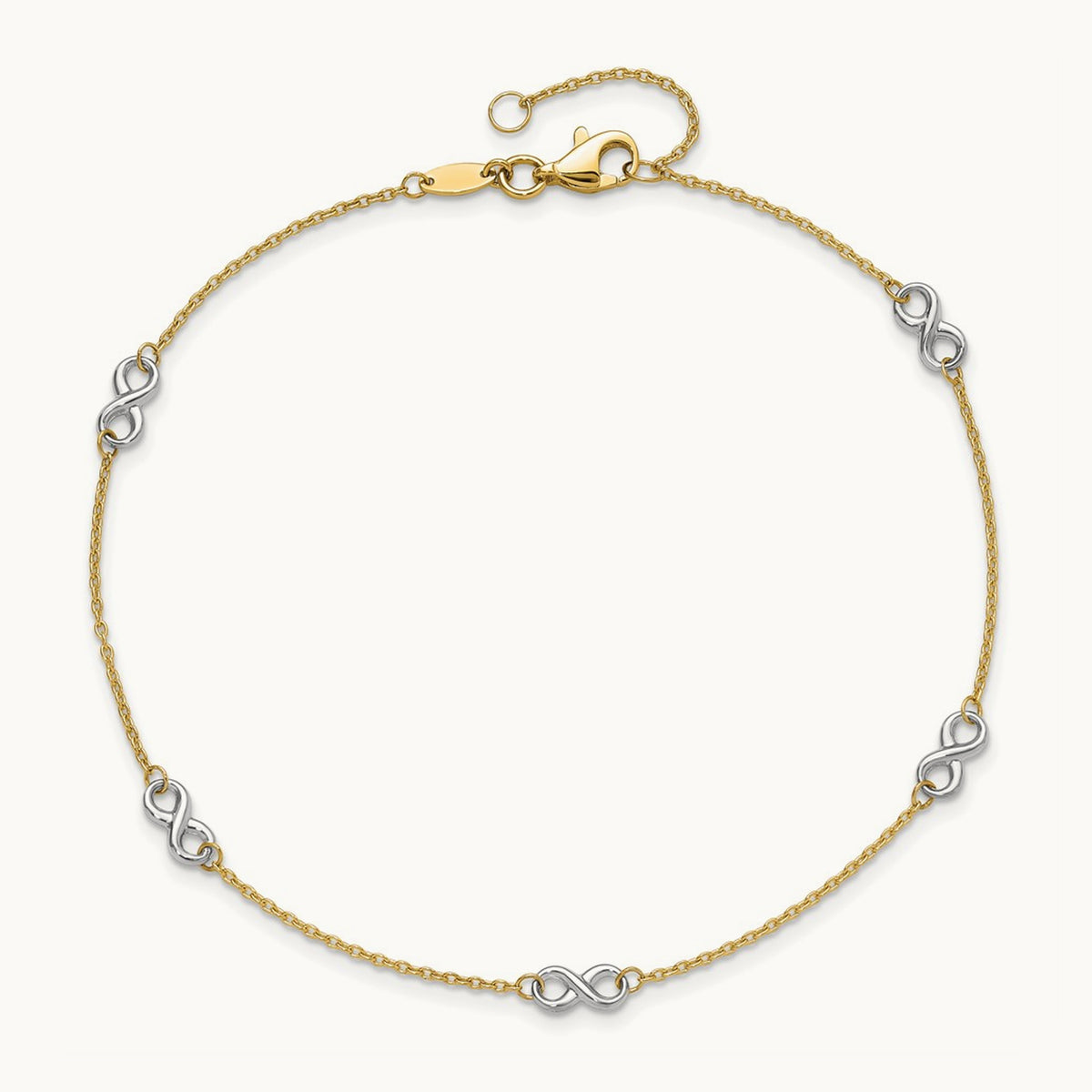 Polished Infinity 9in Plus 1 in ext. Anklet, 14K Two-tone