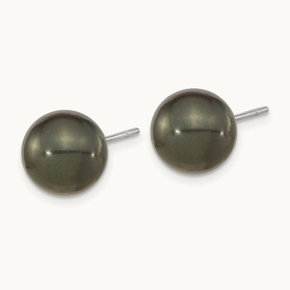 WG 10- Black Round Saltwater Cultured Tahitian Pearl Post Earrings, 11mm, 14K