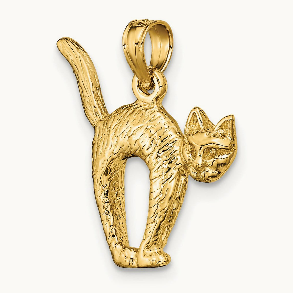 3-D Textured Arch Back and Raised Tail Cat Charm, 14K