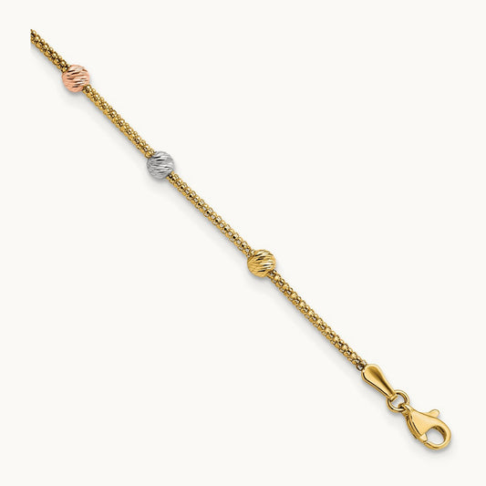Tri-color Diamond-cut 7-Station Bead and Chain Bracelet, 14K