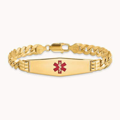 Medical Soft Diamond Shape Red Enamel Flat Curb Link ID Bracelet, 14K