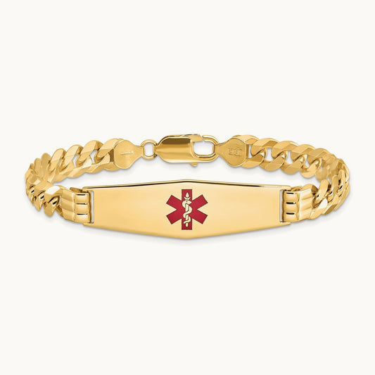 Medical Soft Diamond Shape Red Enamel Flat Curb Link ID Bracelet, 14K