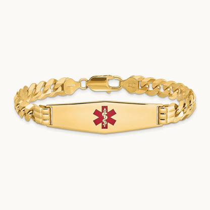 Medical Soft Diamond Shape Red Enamel Flat Curb Link ID Bracelet, 14K