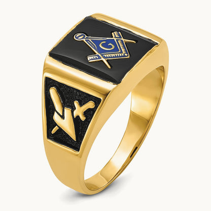 Men's Polished and Textured with Black Enamel & Onyx Masonic Ring, 14K