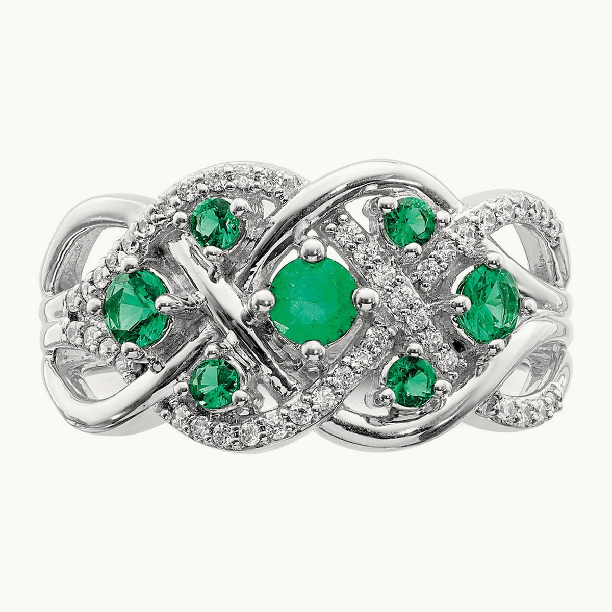 Diamond and Emerald Fancy Ring, 14K White Gold
