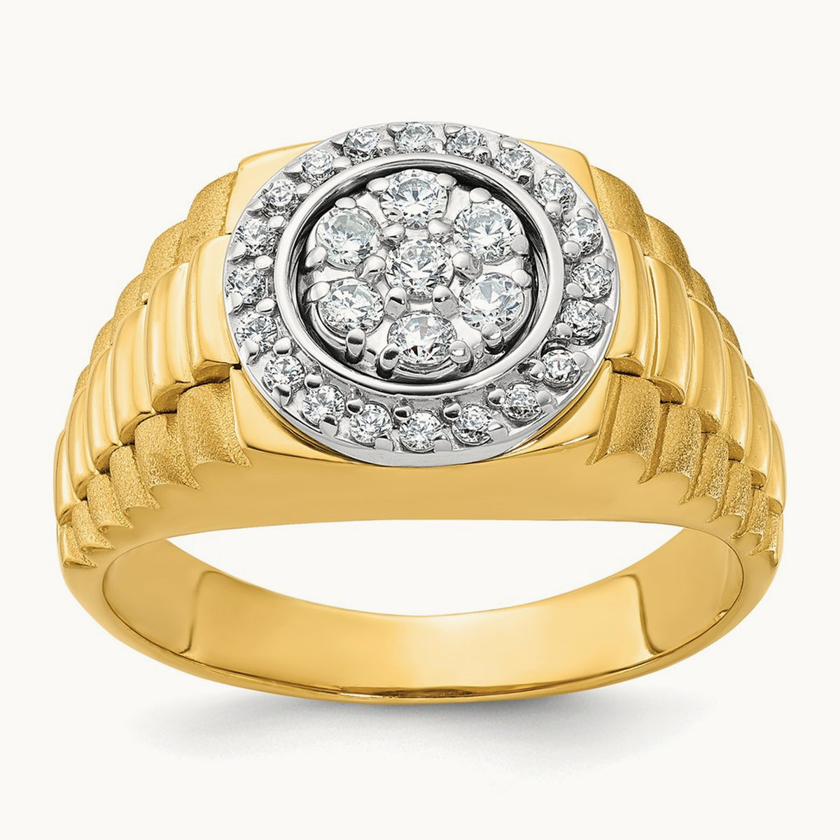 14ktt IBGoodman Men's Polished Satin & Ribbed Round Dia Cluster Ring