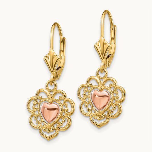 Heart with Lace Trim Leverback Earrings, 14K Two-tone
