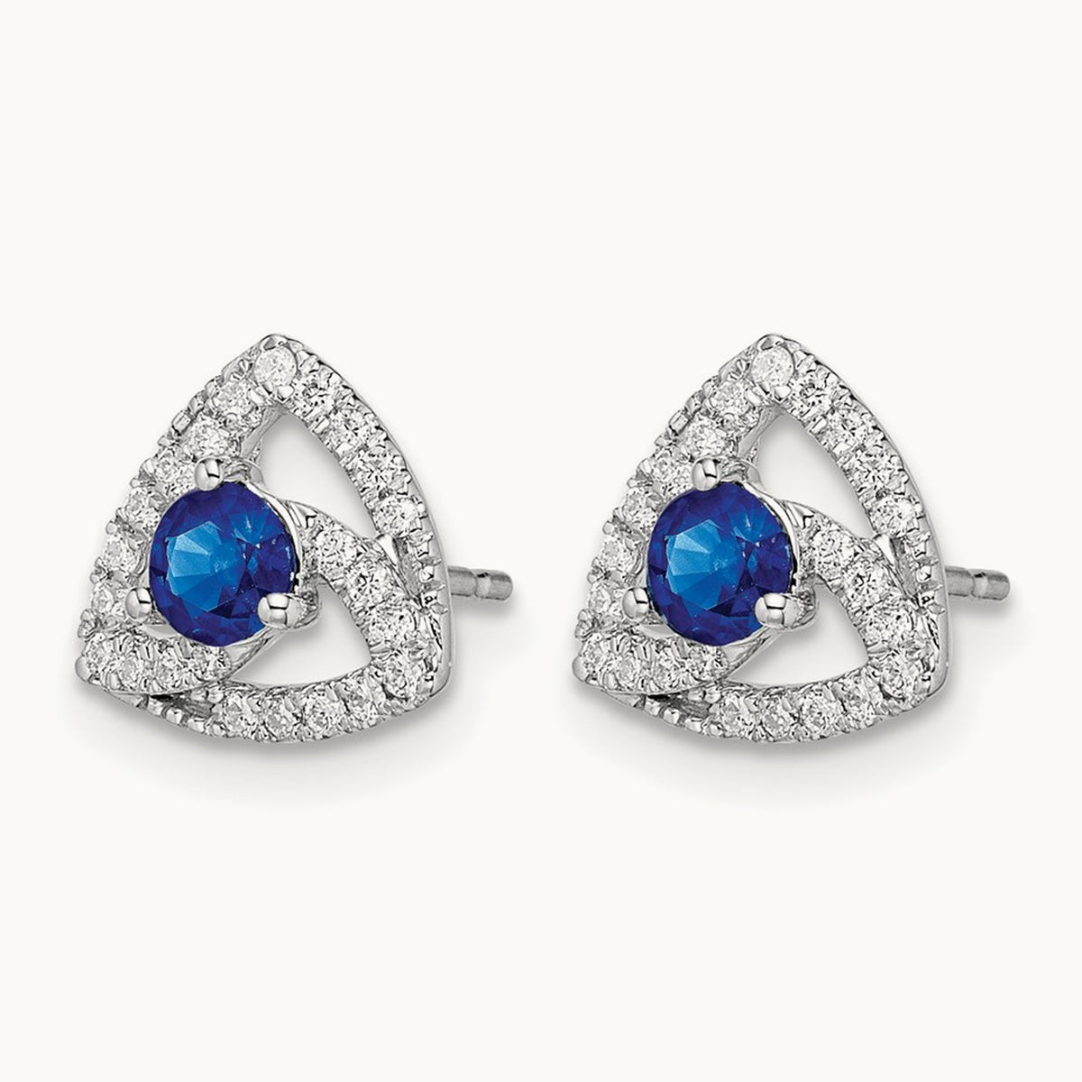 Diamond and Blue Sapphire Triangle Post Earrings, 14K White Gold