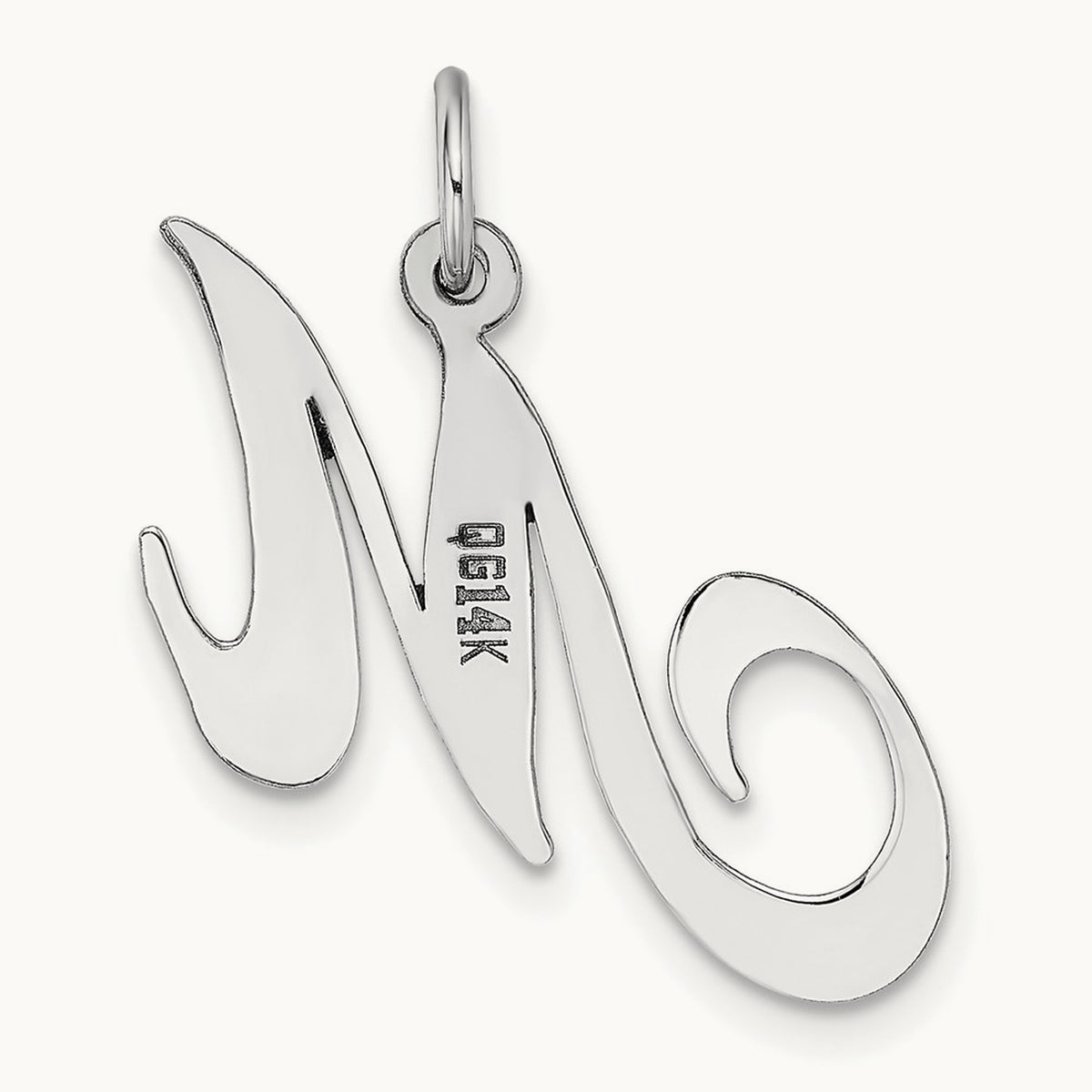 Large Fancy Script Initial Charm — 14K White Gold, M