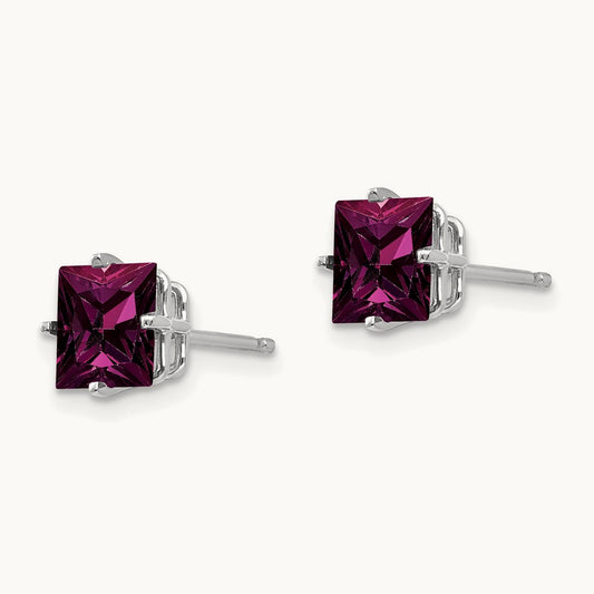 Rhodolite Garnet Princess Stud Earrings, 6mm, 14K White Gold