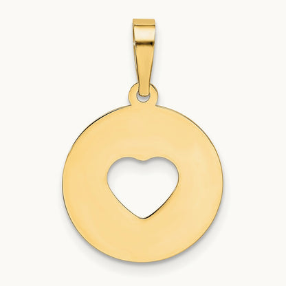 Polished Cut-out Heart Circle Disc Pendant, 14K