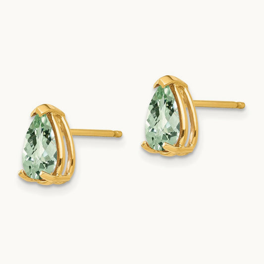 8x5 Pear Checker-Cut Green Quartz Earrings, 14K