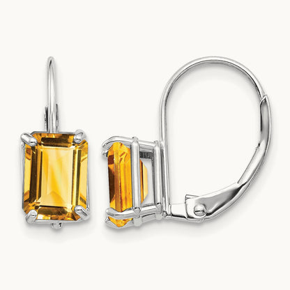 7x5mm Emerald Cut Citrine Earrings, 14K White Gold