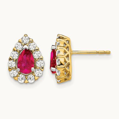 Pear Ruby and Diamond Halo Post Earrings, 14K