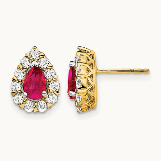 Pear Ruby and Diamond Halo Post Earrings, 14K