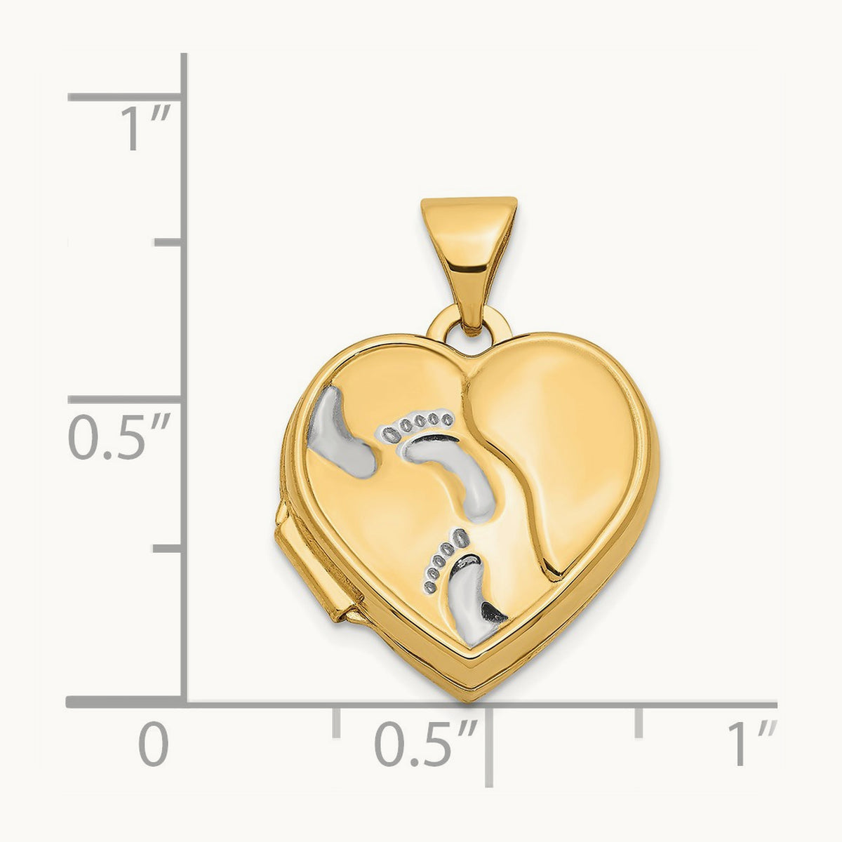 w/ White Rhodium Heart Foot Prints Locket, 15mm, 14K Yellow Gold
