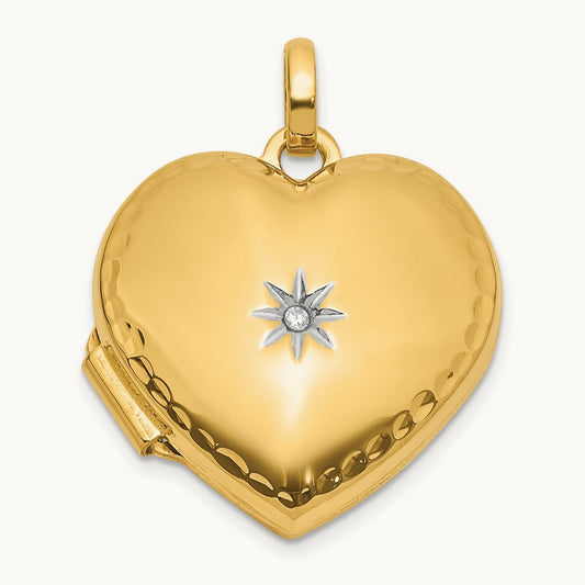 Polished and Textured Diamond Heart Locket with White Rhodium — 14K Two-Tone Gold, 15mm
