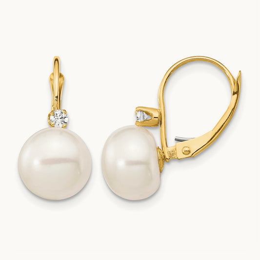 10- White Button FWC Pearl .10ct Diamond Leverback Earrings, 11mm, 14K