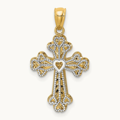 Polished Filigree 2 Level Heart Cross Pendant, 14K Two-tone