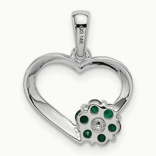 Diamond and Emerald Heart and Flower Pendant, 14K White Gold