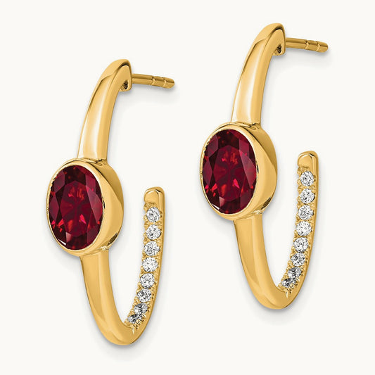 Oval Created Ruby and Diamond J-Hoop Earrings, 14K