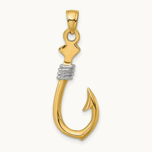 w/Rhodium 3-D Fish Hook With Rope Charm, 14K