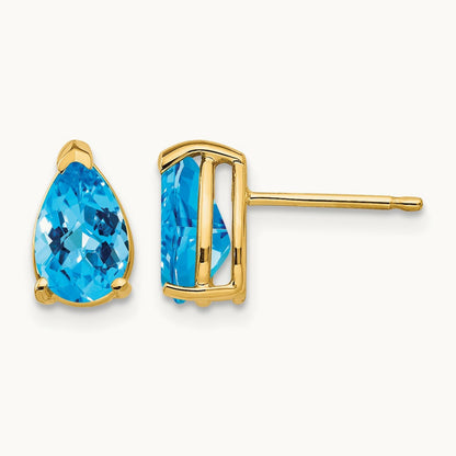 8x5mm Pear Blue Topaz Checker Earrings, 14K